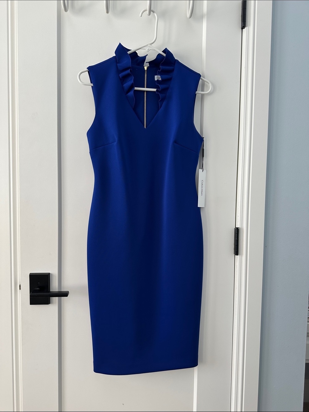Calvin Klein Cobalt Blue Ruffle-Trim Midi Sheath Dress